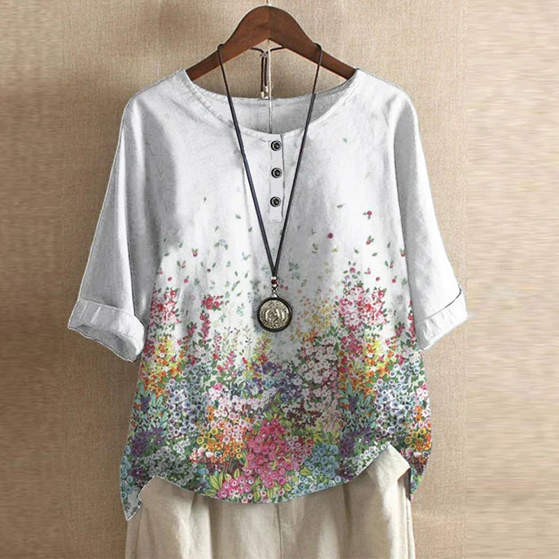 Bluse Damen mit Blumenmuster – kurzärmlige Bluse im Vintage-Stil mit Rundhals