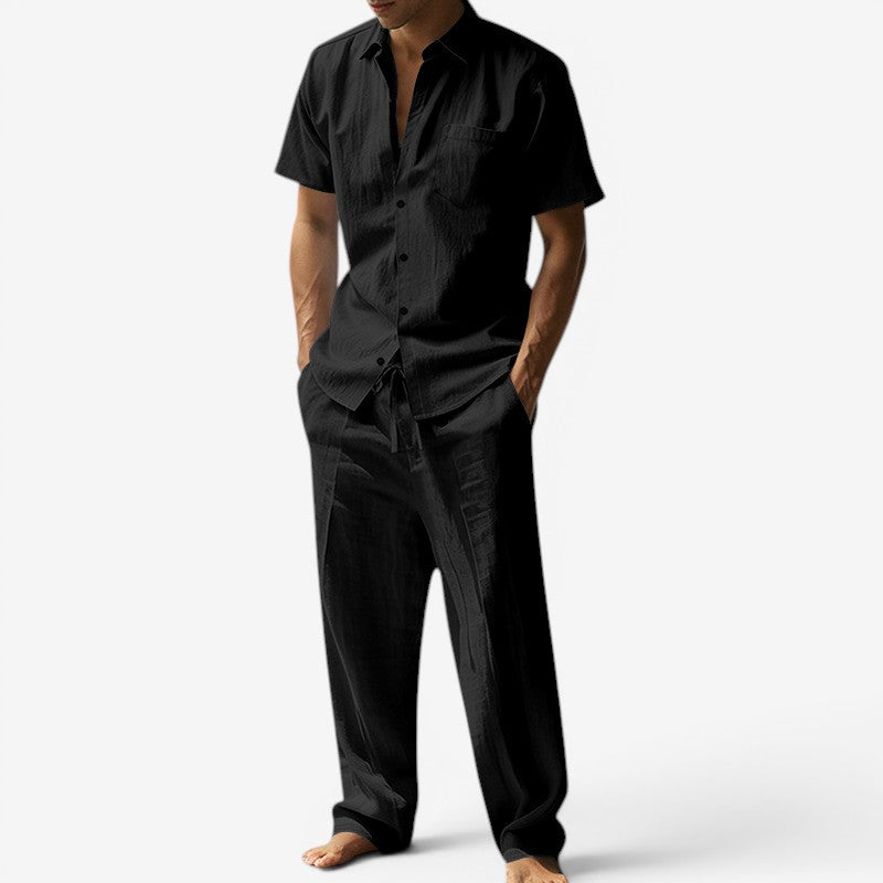 Herren-Set aus Leinen – Kurzarmhemd und Hose mit Kordelzug für den Sommer