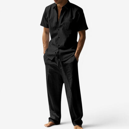 Herren-Set aus Leinen – Kurzarmhemd und Hose mit Kordelzug für den Sommer