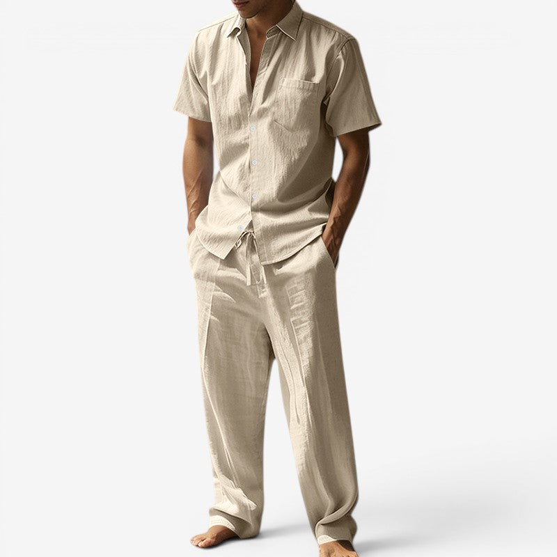 Herren-Set aus Leinen – Kurzarmhemd und Hose mit Kordelzug für den Sommer