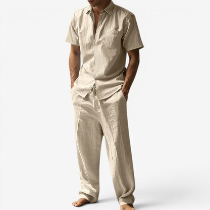 Herren-Set aus Leinen – Kurzarmhemd und Hose mit Kordelzug für den Sommer