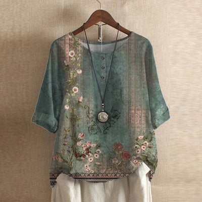 Bluse Damen mit Blumenmuster – kurzärmlige Bluse im Vintage-Stil mit Rundhals