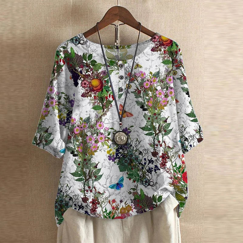 Bluse Damen mit Blumenmuster – kurzärmlige Bluse im Vintage-Stil mit Rundhals