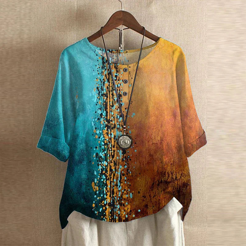 Bluse Damen mit Blumenmuster – kurzärmlige Bluse im Vintage-Stil mit Rundhals