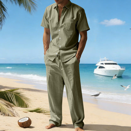 Herren-Set aus Leinen – Kurzarmhemd und Hose mit Kordelzug für den Sommer