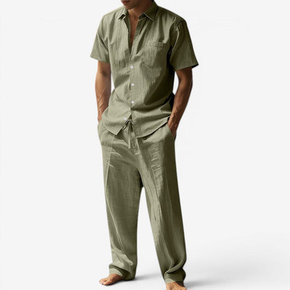 Herren-Set aus Leinen – Kurzarmhemd und Hose mit Kordelzug für den Sommer