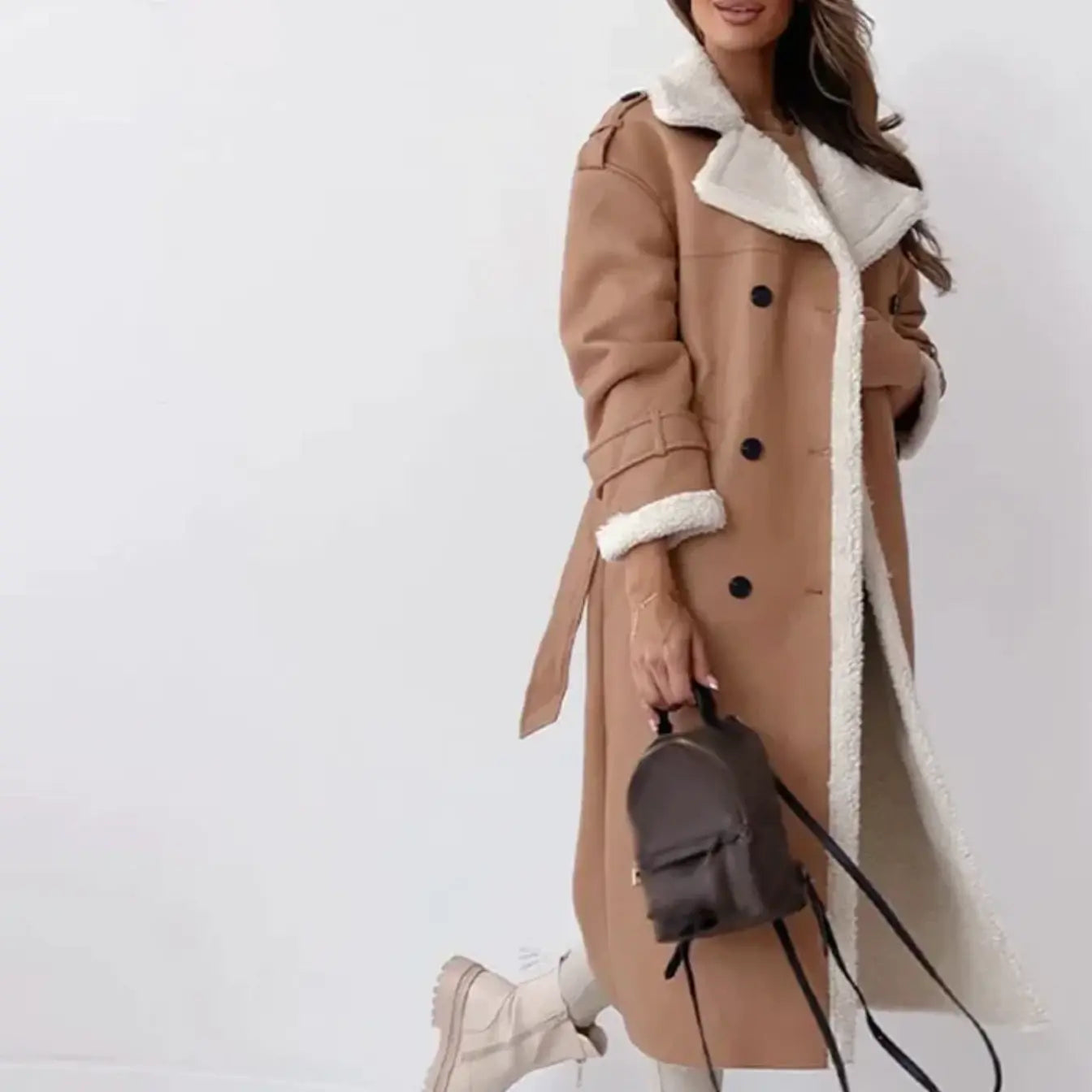 Eleganter langer Mantel Damen mit Teddykragen