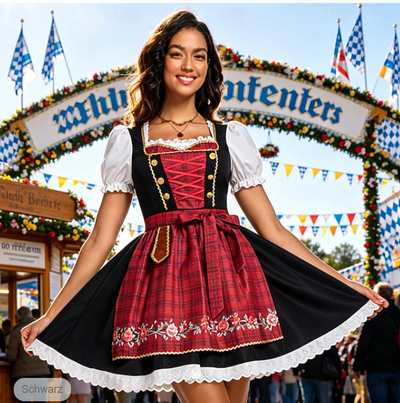 Dirndl Damen Oktoberfest Midi – Trachtenkleid-Set in Schwarz
