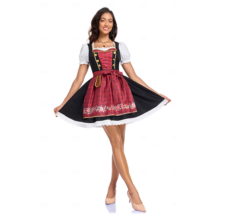 Dirndl Damen Oktoberfest Midi – Trachtenkleid-Set in Schwarz