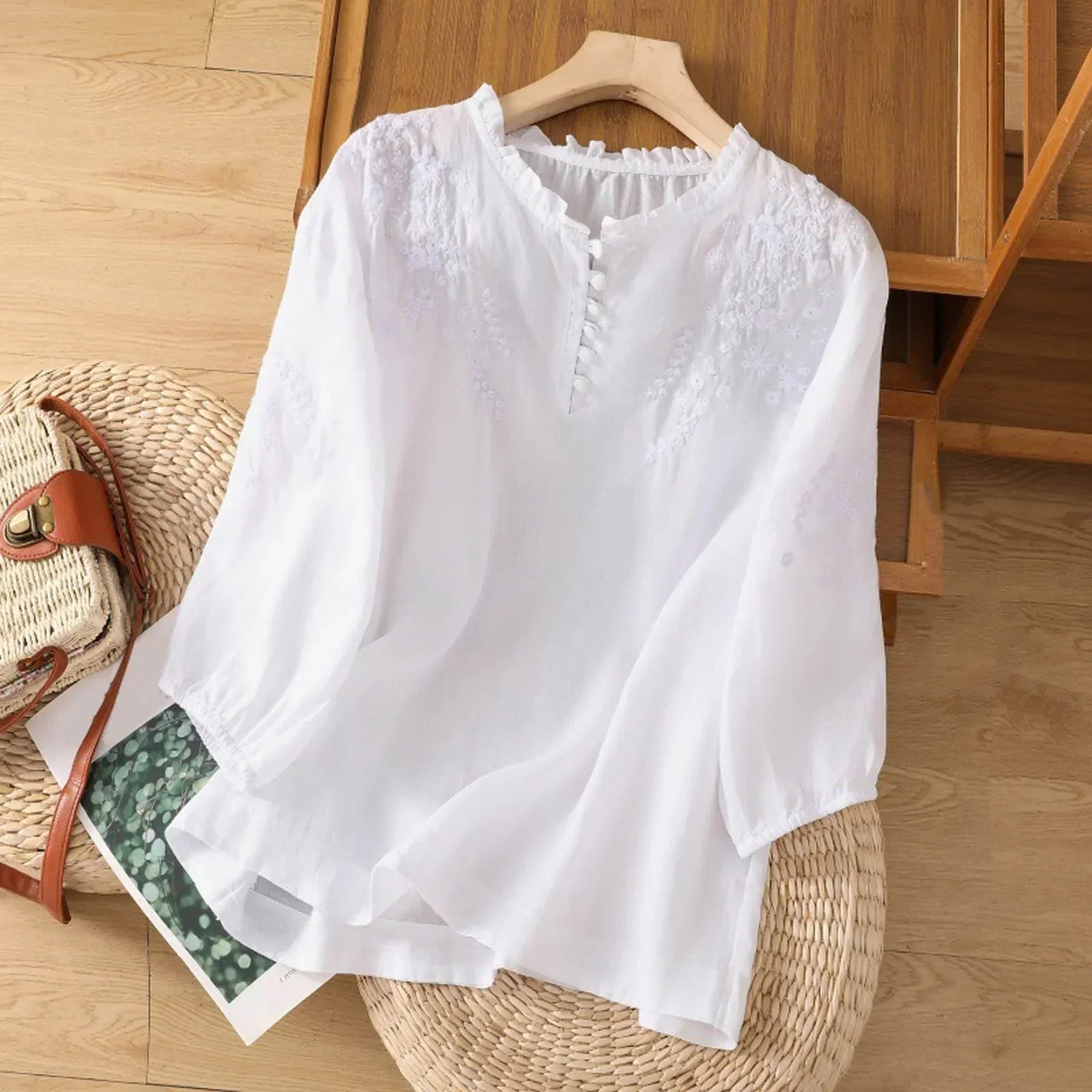 Bluse Damen mit Stickerei und Knopfleiste