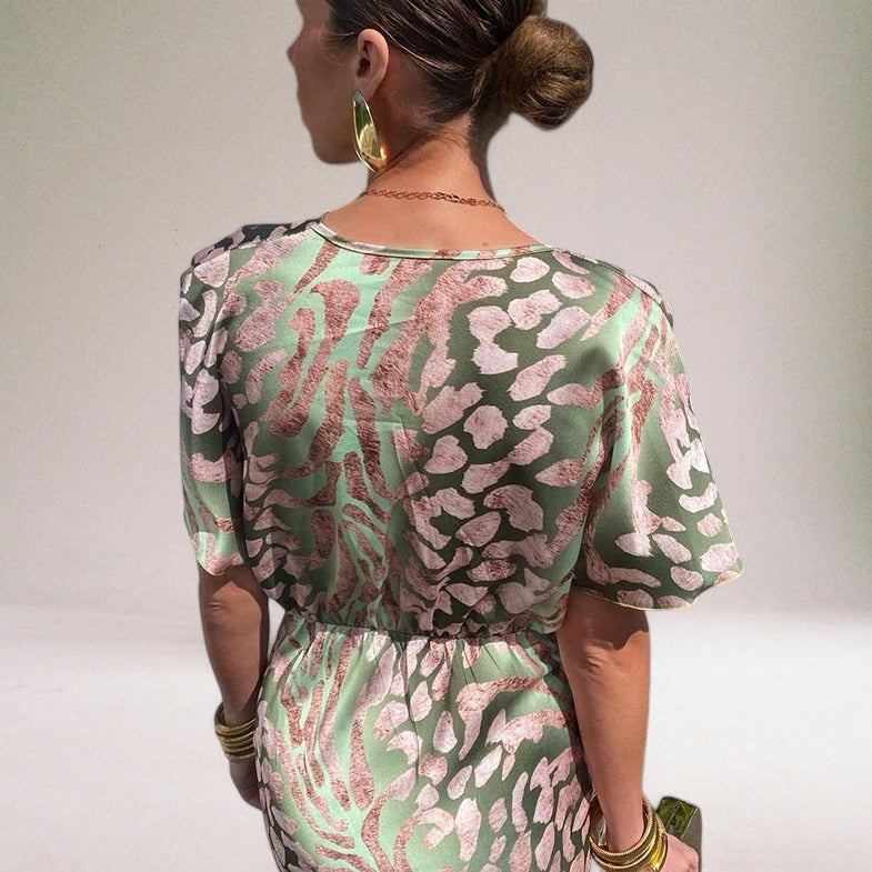 Wickelkleid Damen aus Polyester in Hellgrün – langes Maxikleid, Rückansicht