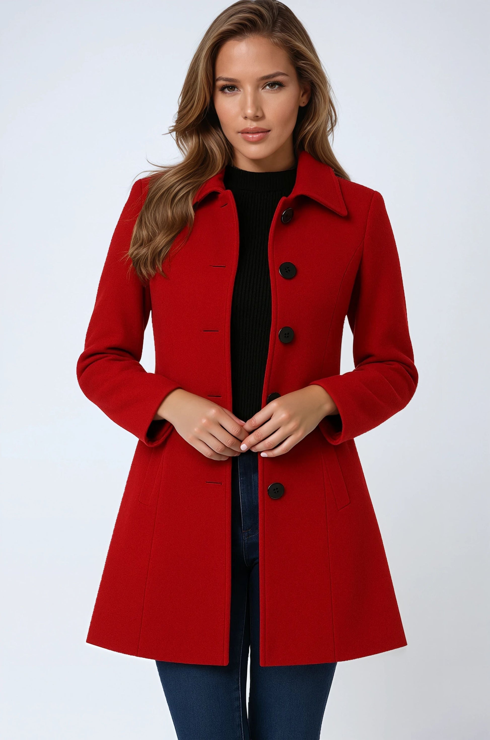 Einreihiger Winter-Trenchcoat Damen aus Wolle – Studioaufnahme