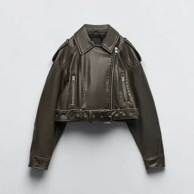 Kurze Bikerjacke Damen aus Kunstleder mit Gürtel