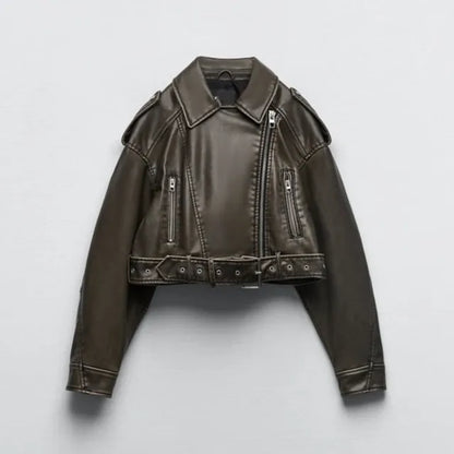 Kurze Bikerjacke Damen aus Kunstleder mit Gürtel