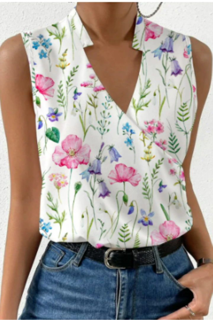 V-Ausschnitt-Bluse Damen ärmellos aus Polyester mit Blumenprint – Detailansicht