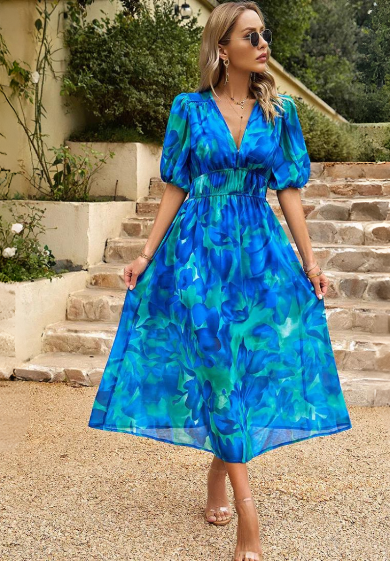 Sommerkleid Damen mit Blumenmuster in Blau