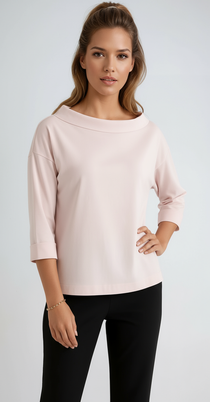 Damen-Top aus Baumwolle mit Boot-Ausschnitt in Rosa – 3/4-Arm-Shirt