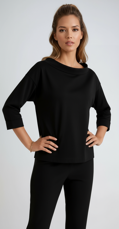 Damen-Top aus Baumwolle mit Boot-Ausschnitt in Schwarz – 3/4-Arm-Shirt