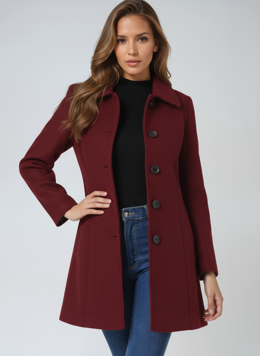 Einreihiger Winter-Trenchcoat Damen aus Wolle in Dunkelrot – taillierter Wollmantel