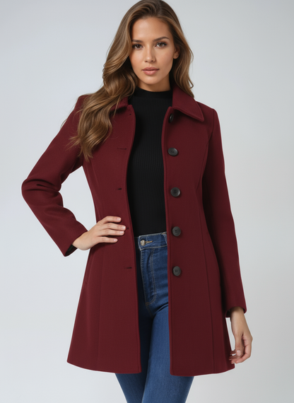 Einreihiger Winter-Trenchcoat Damen aus Wolle in Dunkelrot – taillierter Wollmantel