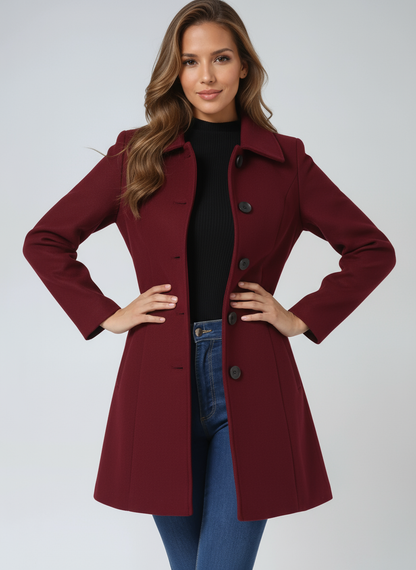 Einreihiger Winter-Trenchcoat Damen aus Wolle in Dunkelrot – taillierter Wollmantel