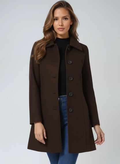 Einreihiger Winter-Trenchcoat Damen aus Wolle in Braun – taillierter Wollmantel