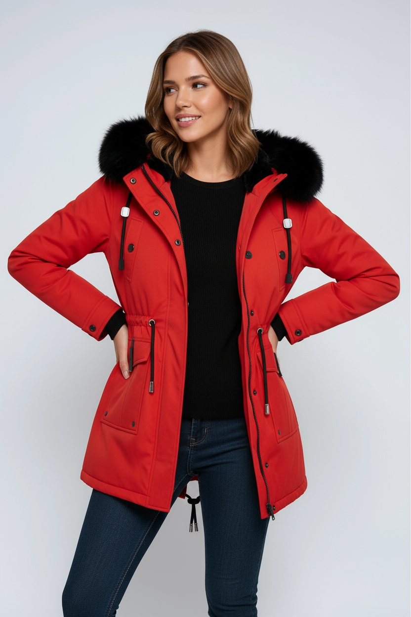 Damen Winter-Parka mit Kunstpelz-Kapuze in Rot – Winterjacke