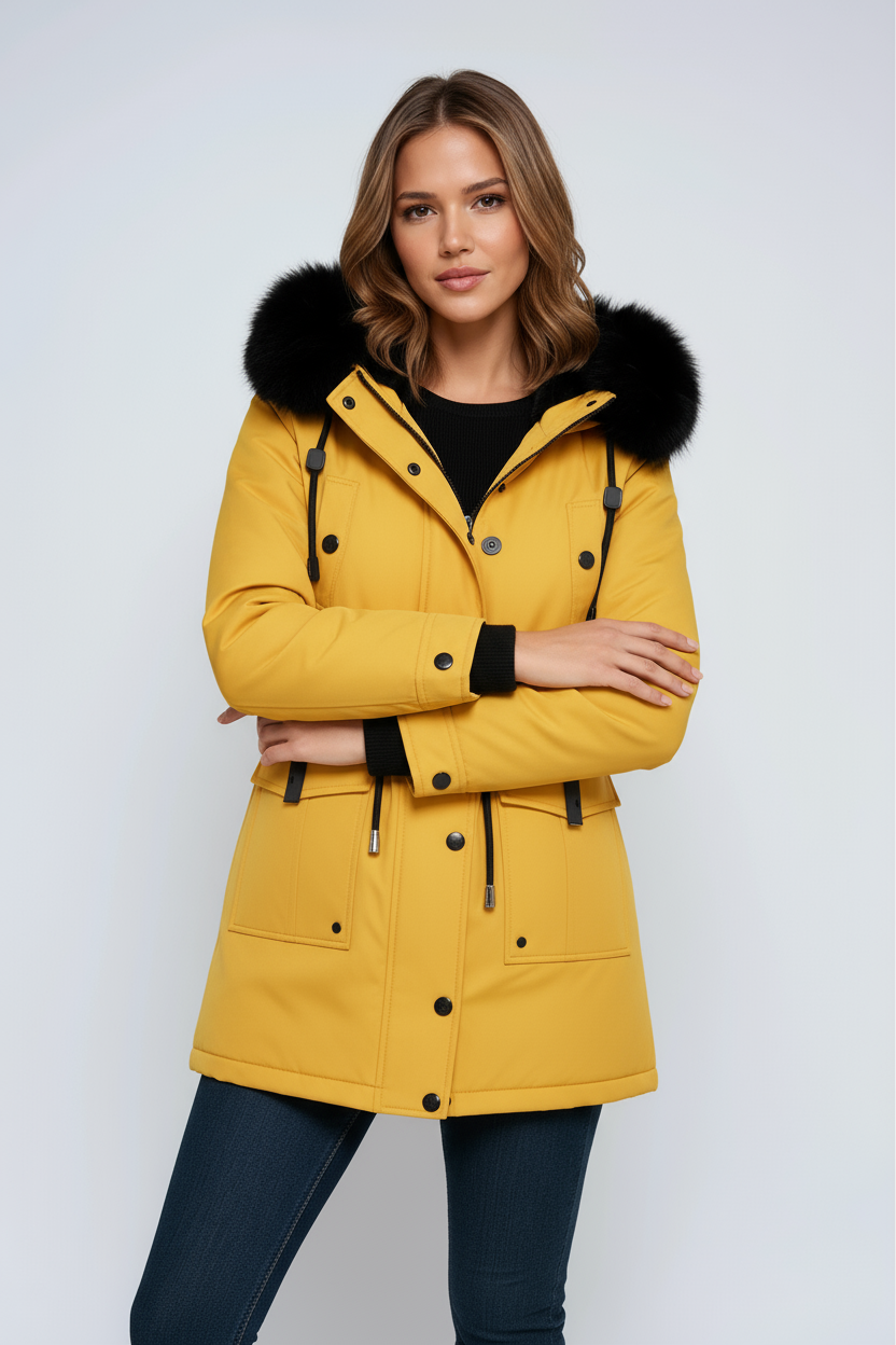 Damen Winter-Parka mit Kunstpelz-Kapuze in Gold – Winterjacke