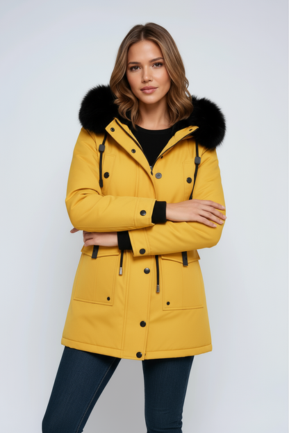 Damen Winter-Parka mit Kunstpelz-Kapuze in Gold – Winterjacke