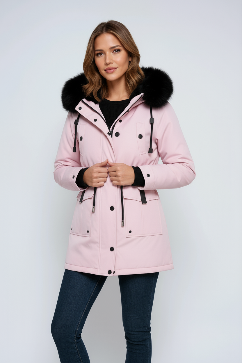 Damen Winter-Parka mit Kunstpelz-Kapuze in Rosa – Winterjacke