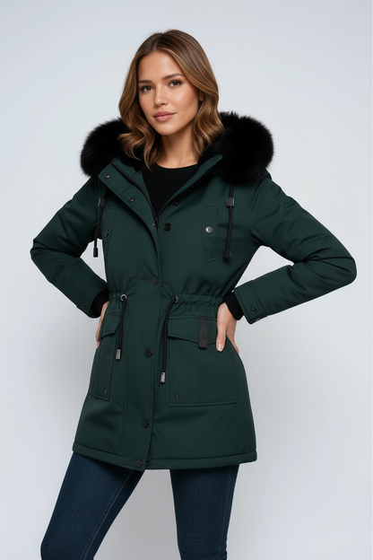 Damen Winter-Parka mit Kunstpelz-Kapuze in Petrolgrün – Winterjacke