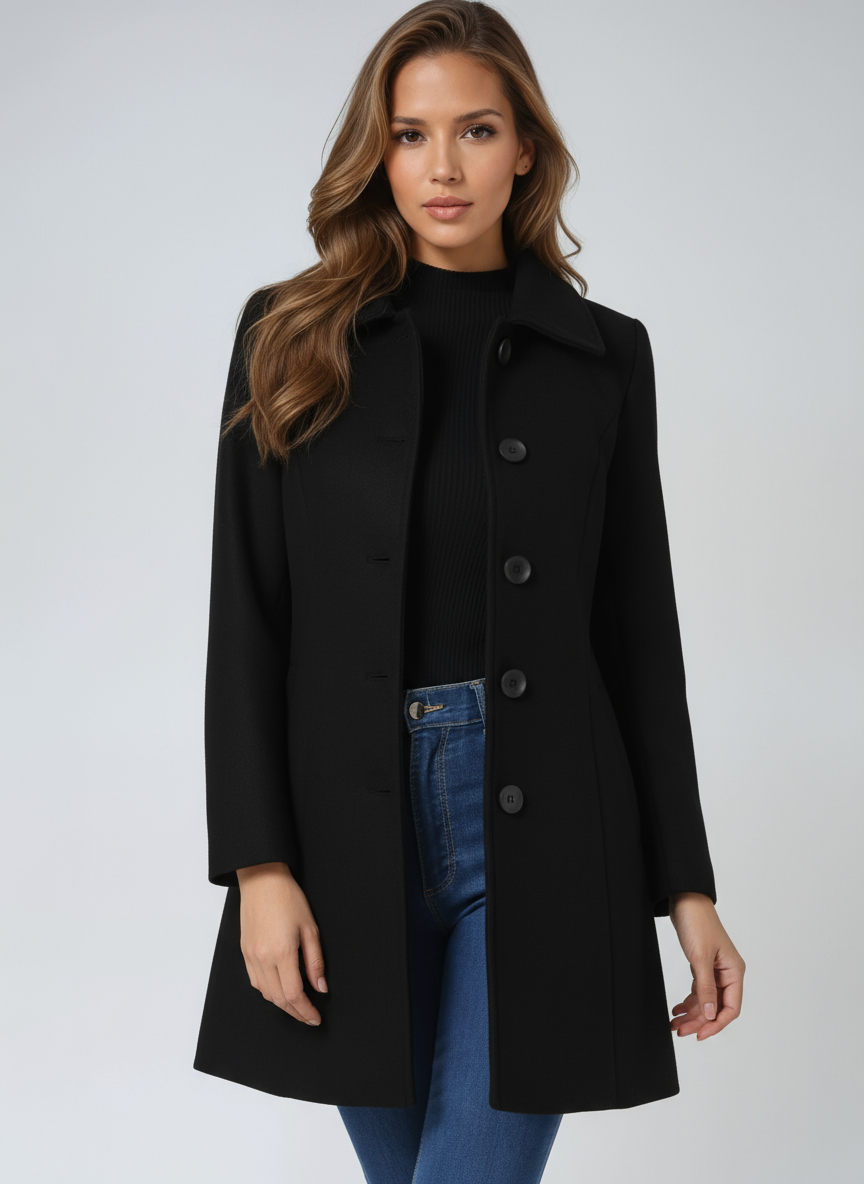 Einreihiger Winter-Trenchcoat Damen aus Wolle in Schwarz – taillierter Wollmantel