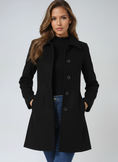 Einreihiger Winter-Trenchcoat Damen aus Wolle in Schwarz – taillierter Wollmantel