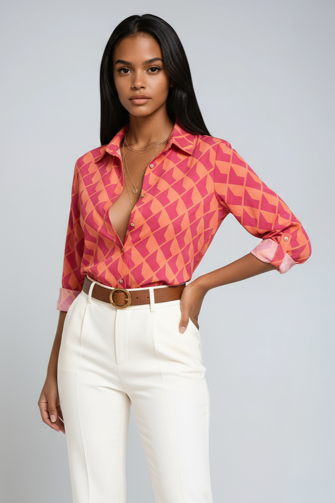 Grafikdruck-Bluse Damen aus Polyester mit geometrischem Muster – Detailansicht