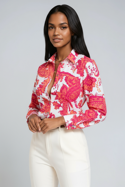 Grafikdruck-Bluse Damen aus Polyester mit geometrischem Muster – Detailansicht