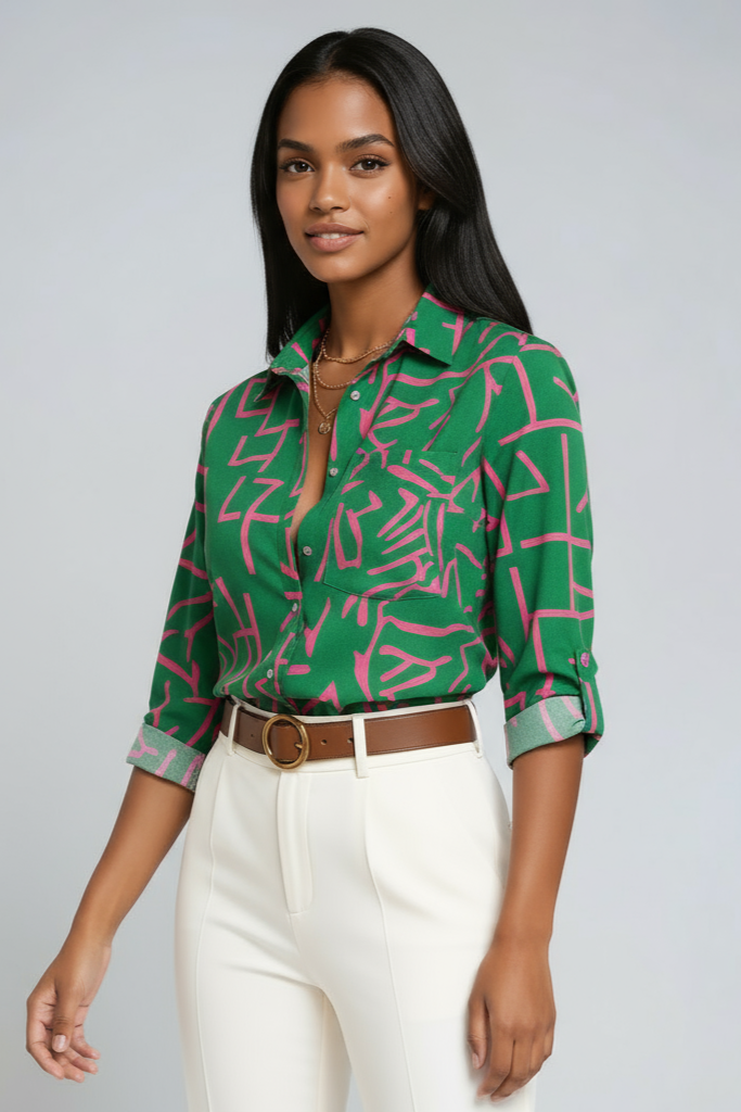 Grafikdruck-Bluse Damen aus Polyester mit geometrischem Muster – Detailansicht
