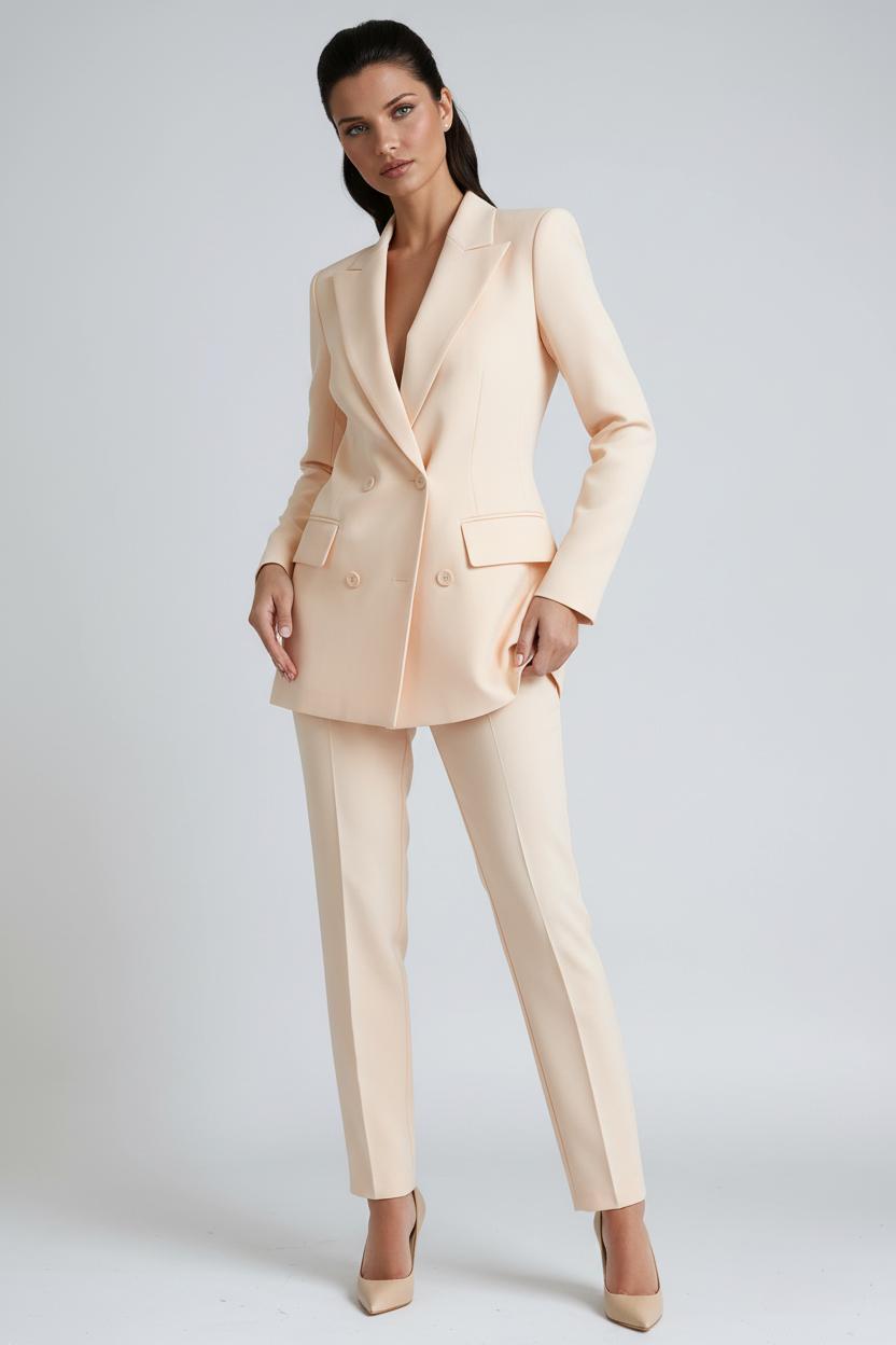 Hosenanzug Damen aus Polyester in Apricot – zweireihiges Blazer-Set
