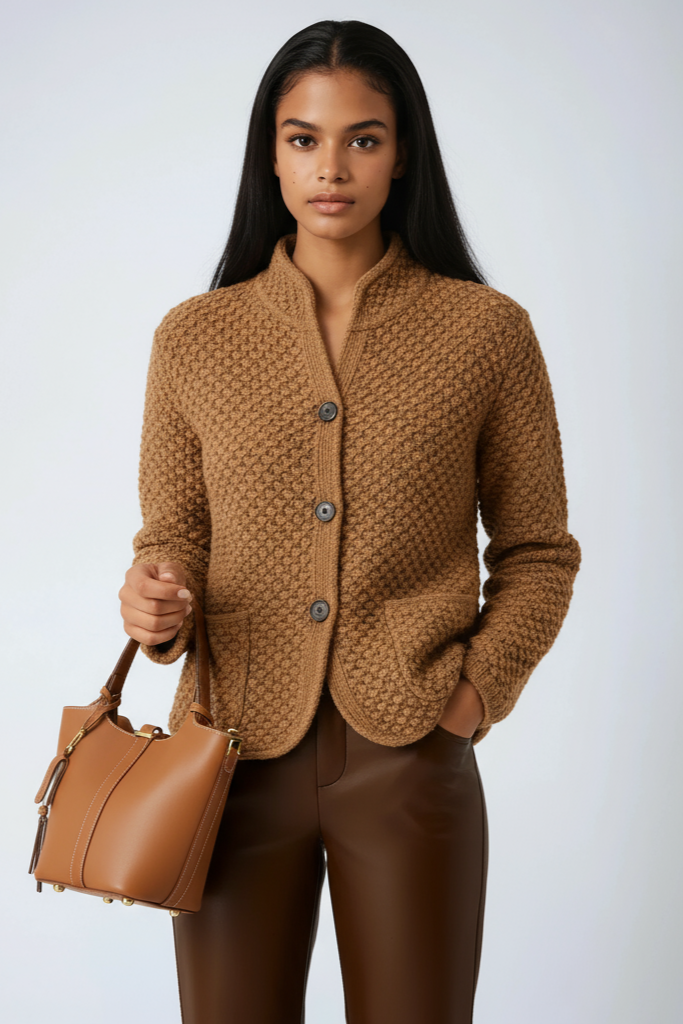Woll-Strickjacke Damen aus Wolle mit Knopfleiste – Cardigan, Seitenansicht