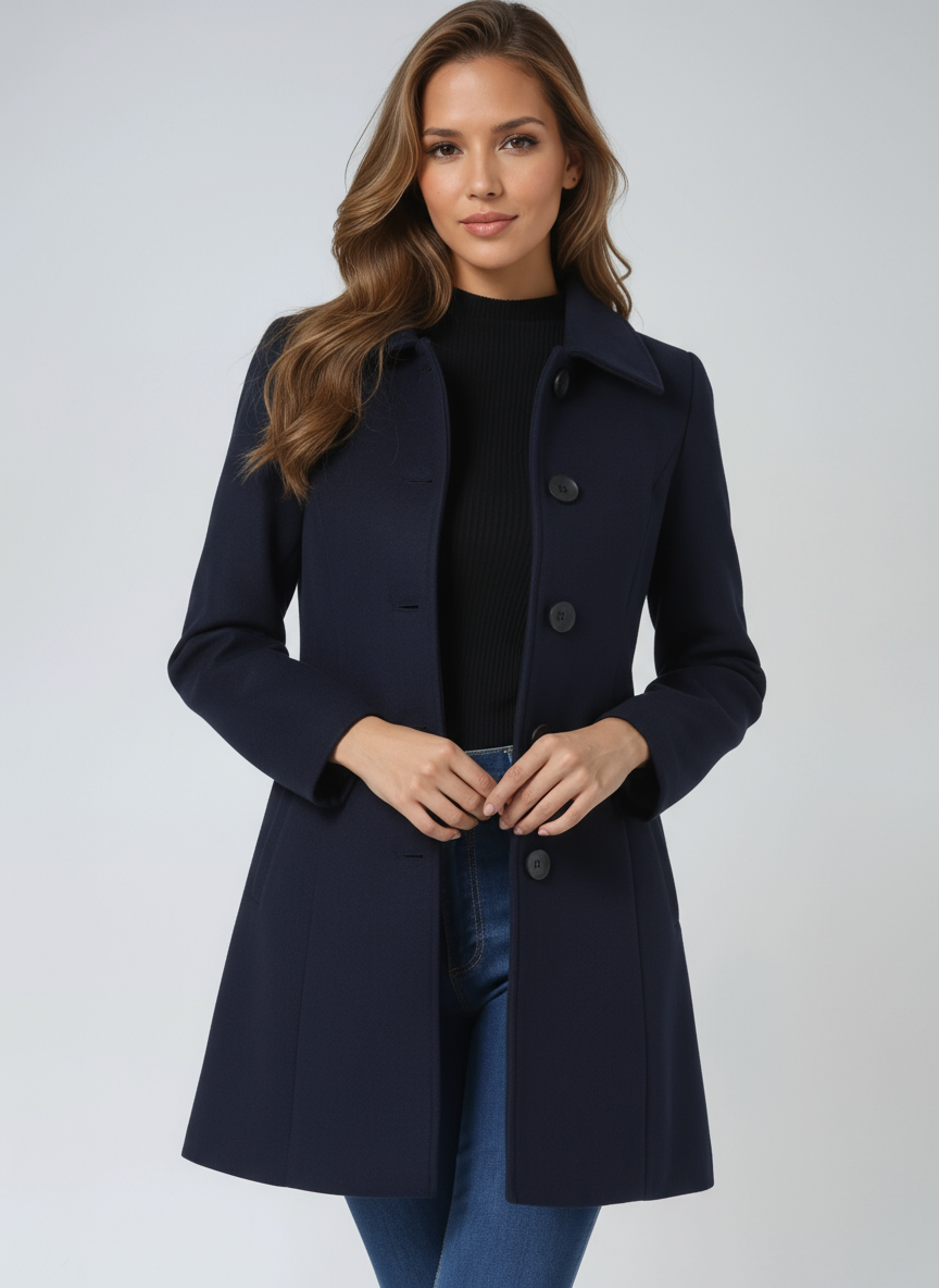 Einreihiger Winter-Trenchcoat Damen aus Wolle in Dunkelblau – taillierter Wollmantel