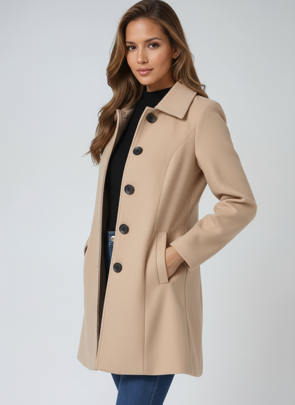 Einreihiger Winter-Trenchcoat Damen aus Wolle in Beige – taillierter Wollmantel