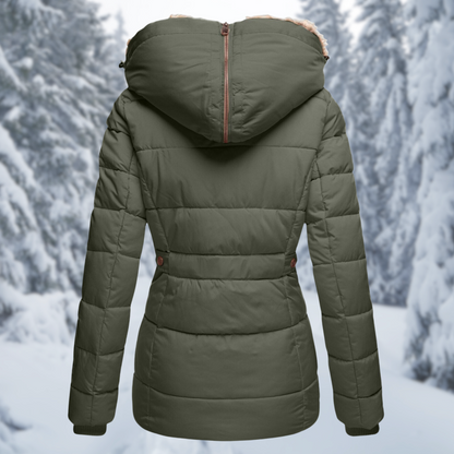 Winterjacke Damen mit Fellkapuze – elegante wattierte Jacke mit Kapuze