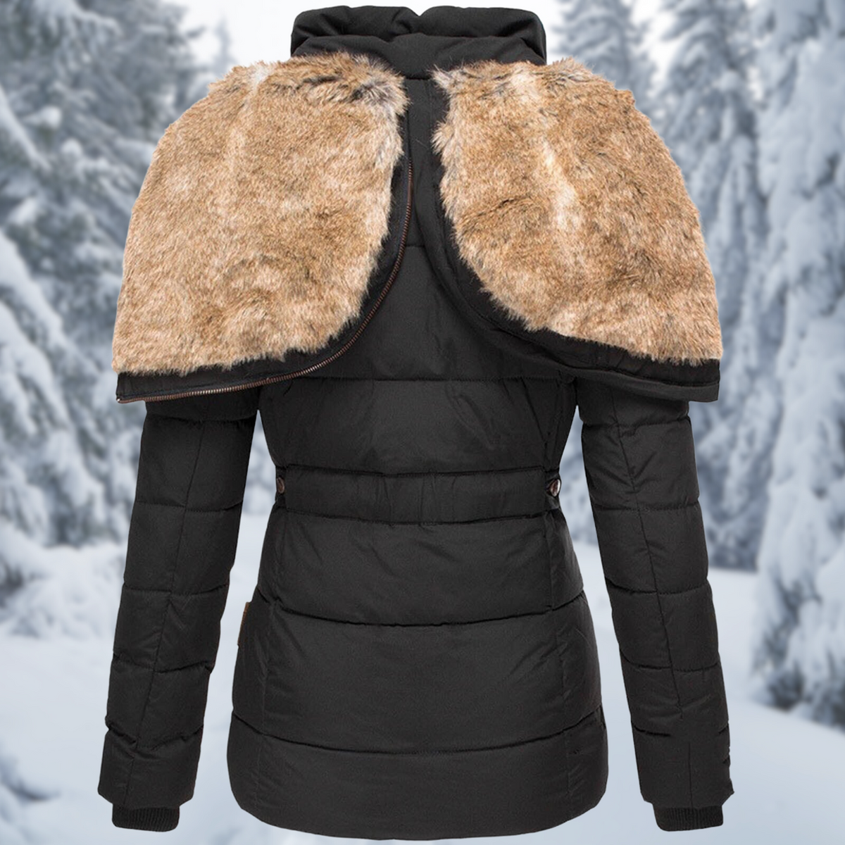 Winterjacke Damen mit Fellkapuze – elegante wattierte Jacke mit Kapuze
