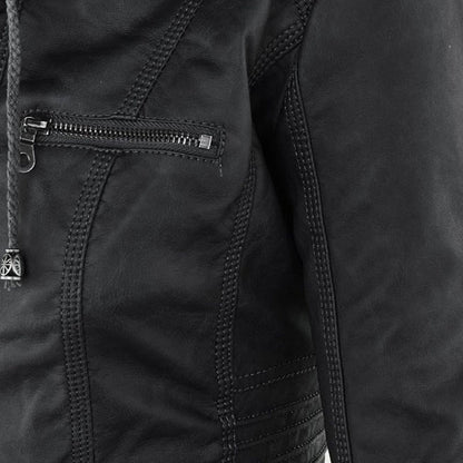 Lederjacke Damen aus Kunstleder mit Kapuze – Bikerjacke in Lederoptik