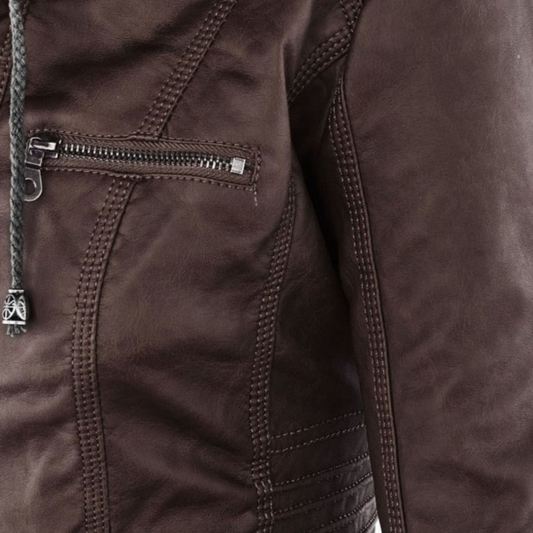 Lederjacke Damen aus Kunstleder mit Kapuze – Bikerjacke in Lederoptik