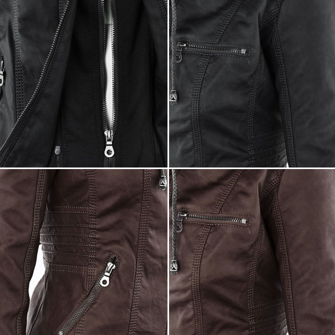 Lederjacke Damen aus Kunstleder mit Kapuze – Bikerjacke in Lederoptik