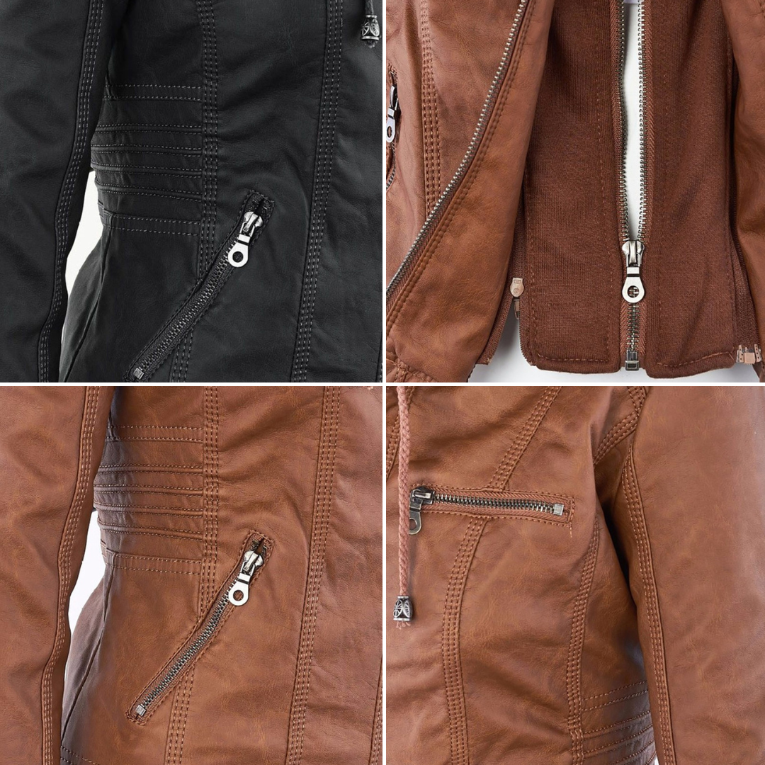 Lederjacke Damen aus Kunstleder mit Kapuze – Bikerjacke in Lederoptik
