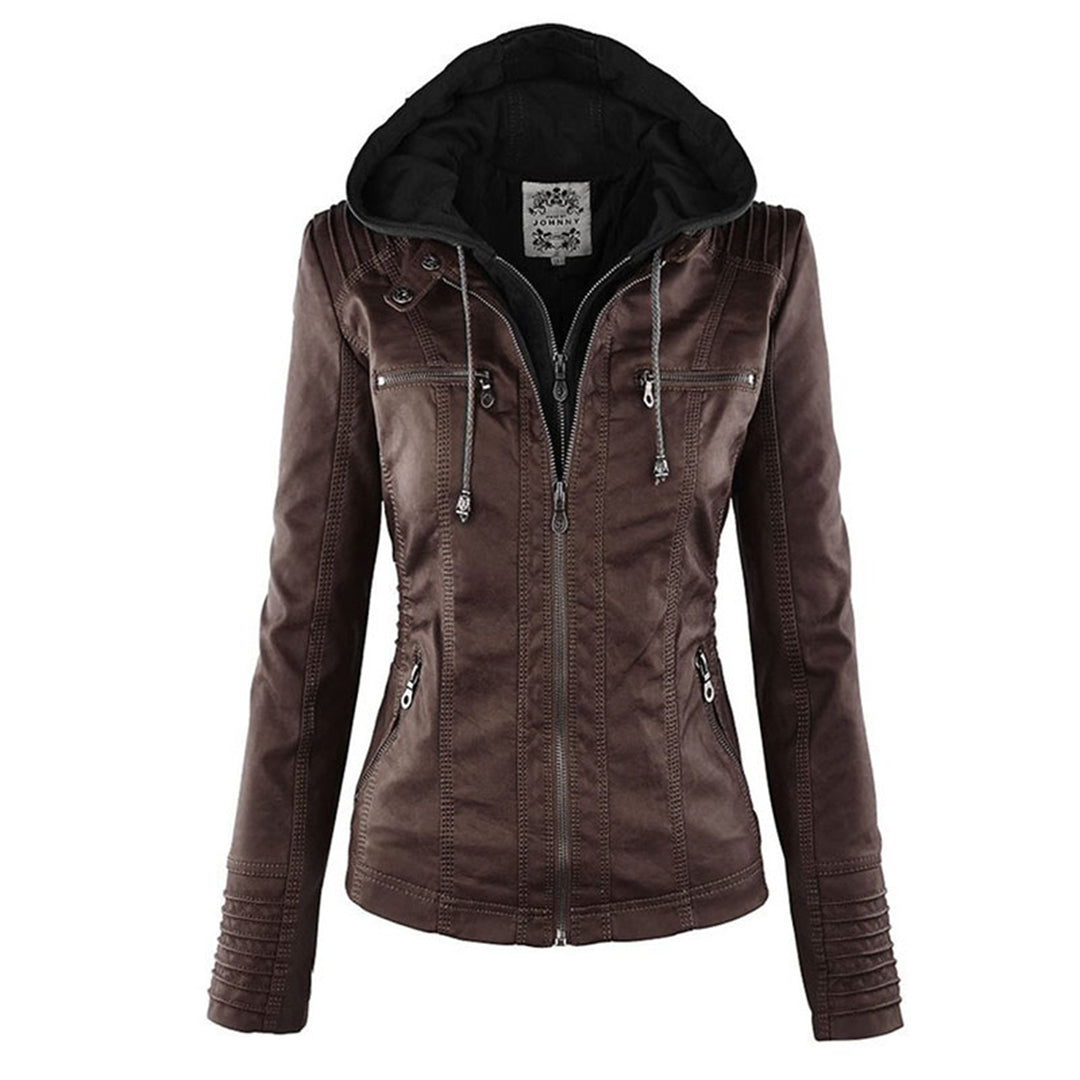 Lederjacke Damen aus Kunstleder mit Kapuze – Bikerjacke in Lederoptik