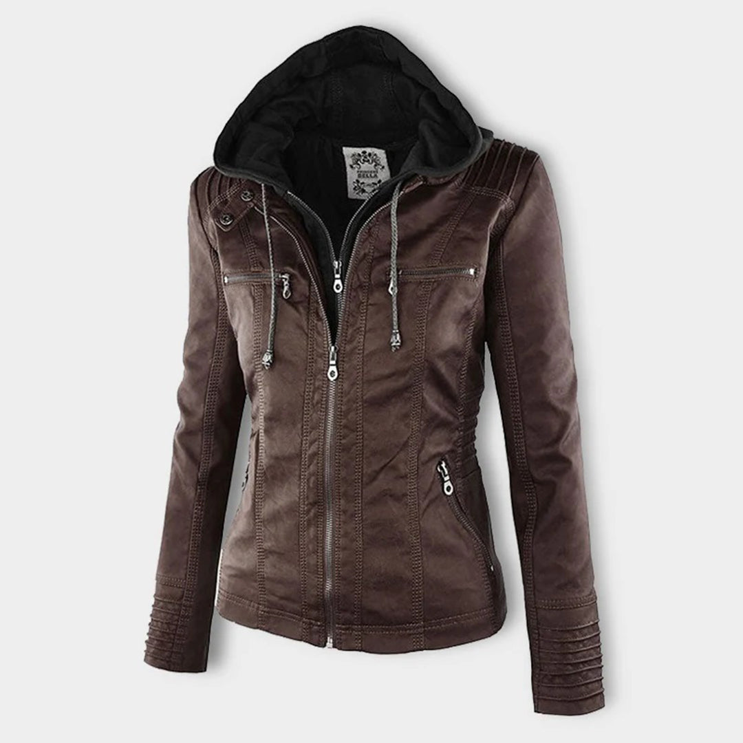 Lederjacke Damen aus Kunstleder mit Kapuze – Bikerjacke in Lederoptik