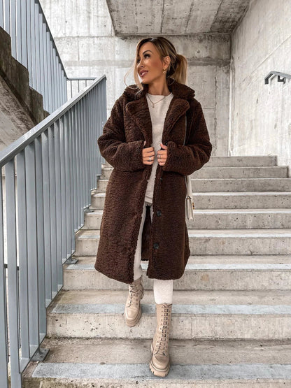Damen Wintermantel lang – eleganter Wollmantel mit Knöpfen