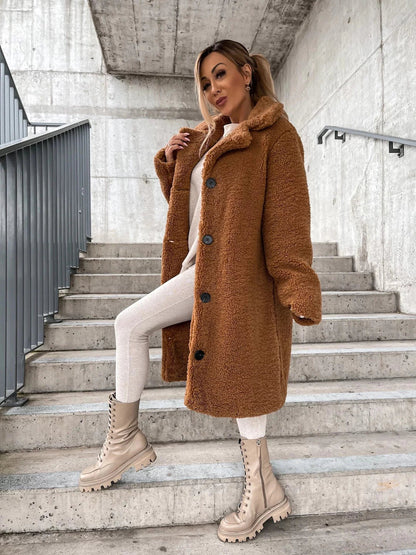 Damen Wintermantel lang – eleganter Wollmantel mit Knöpfen